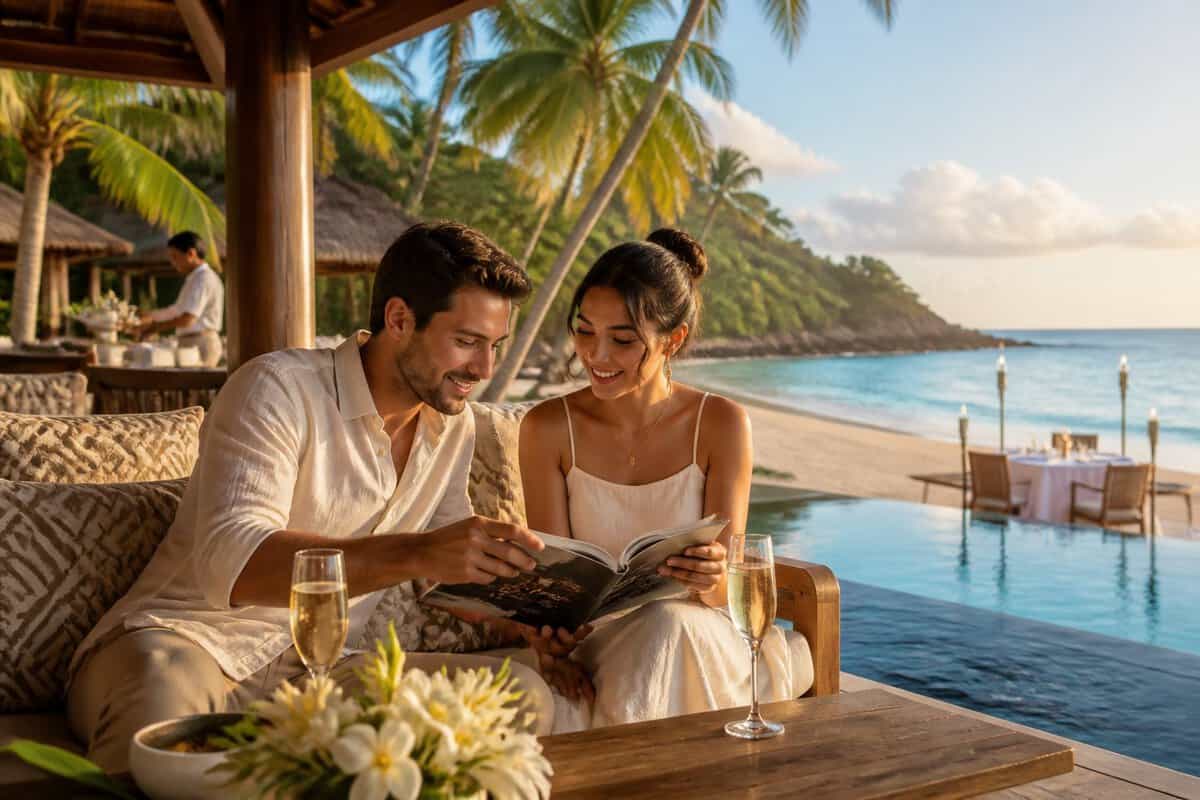 A newlywed couple compares honeymoon resort options on a terrace overlooking a tropical beach.