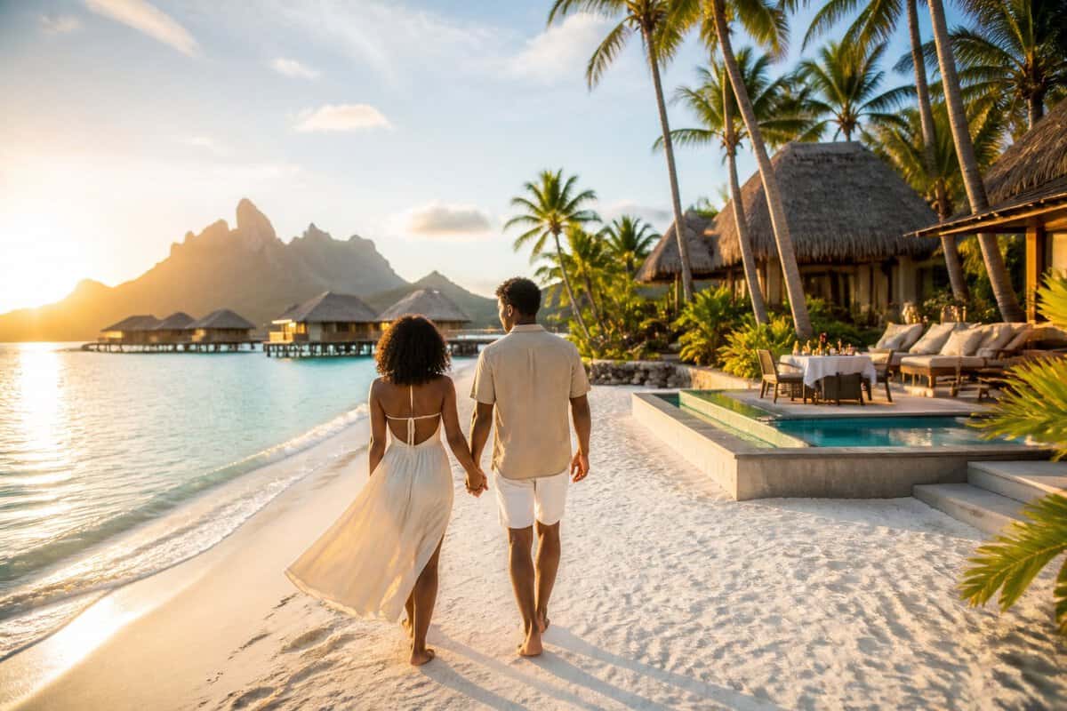 A newlywed couple walks hand in hand along a tropical beach toward an overwater resort at sunset.
