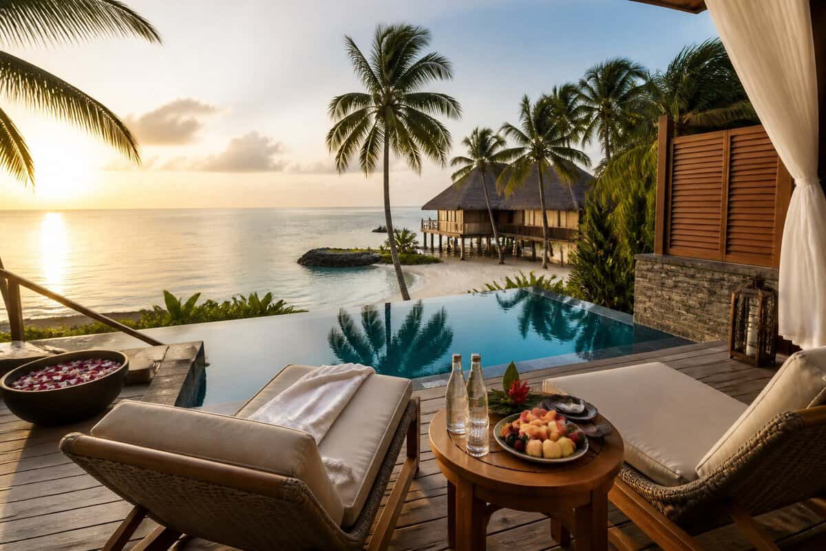 A luxurious tropical resort terrace overlooks an infinity pool, turquoise ocean, palm trees, and a beachfront villa.