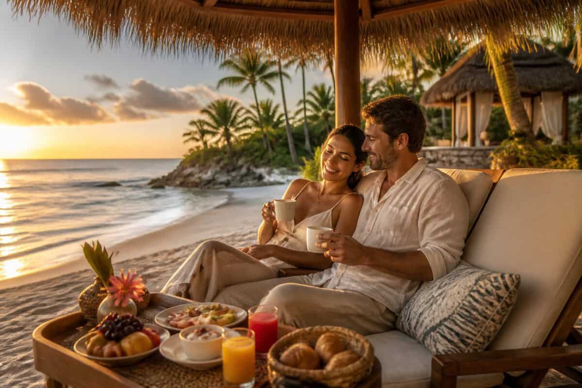 A newlywed couple relaxes together at a luxurious tropical beach resort beside turquoise water.