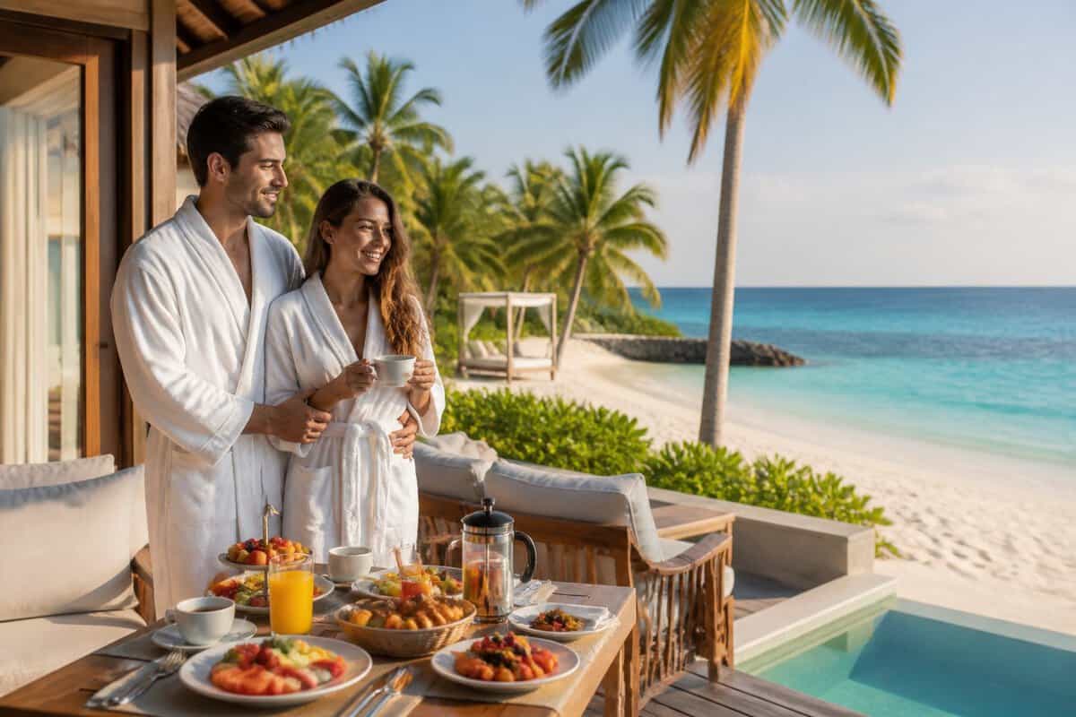 Newlywed couple enjoying breakfast on a tropical resort terrace overlooking the ocean.