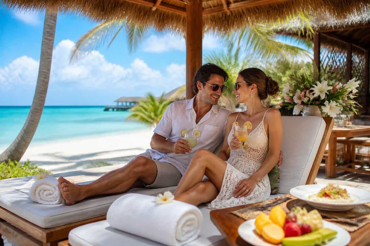 A newlywed couple relaxes together at a luxurious tropical beach resort with drinks, fruit, and resort amenities nearby.
