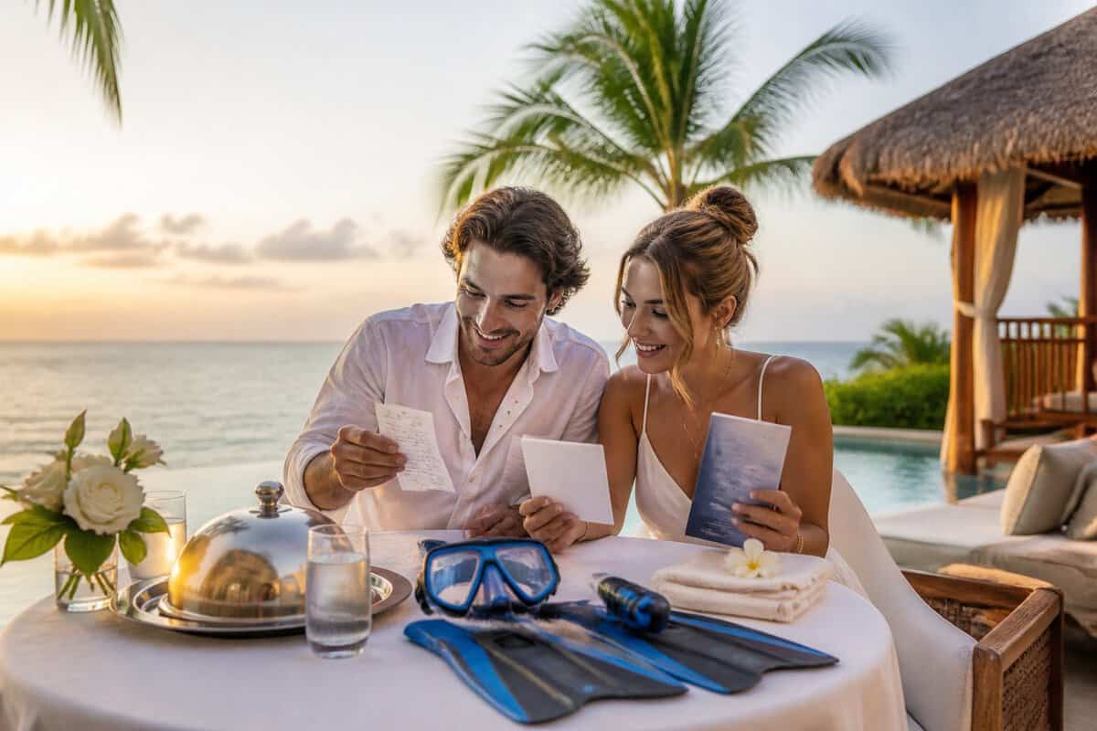 A newlywed couple at a tropical resort reviewing optional honeymoon expenses beside an infinity pool.