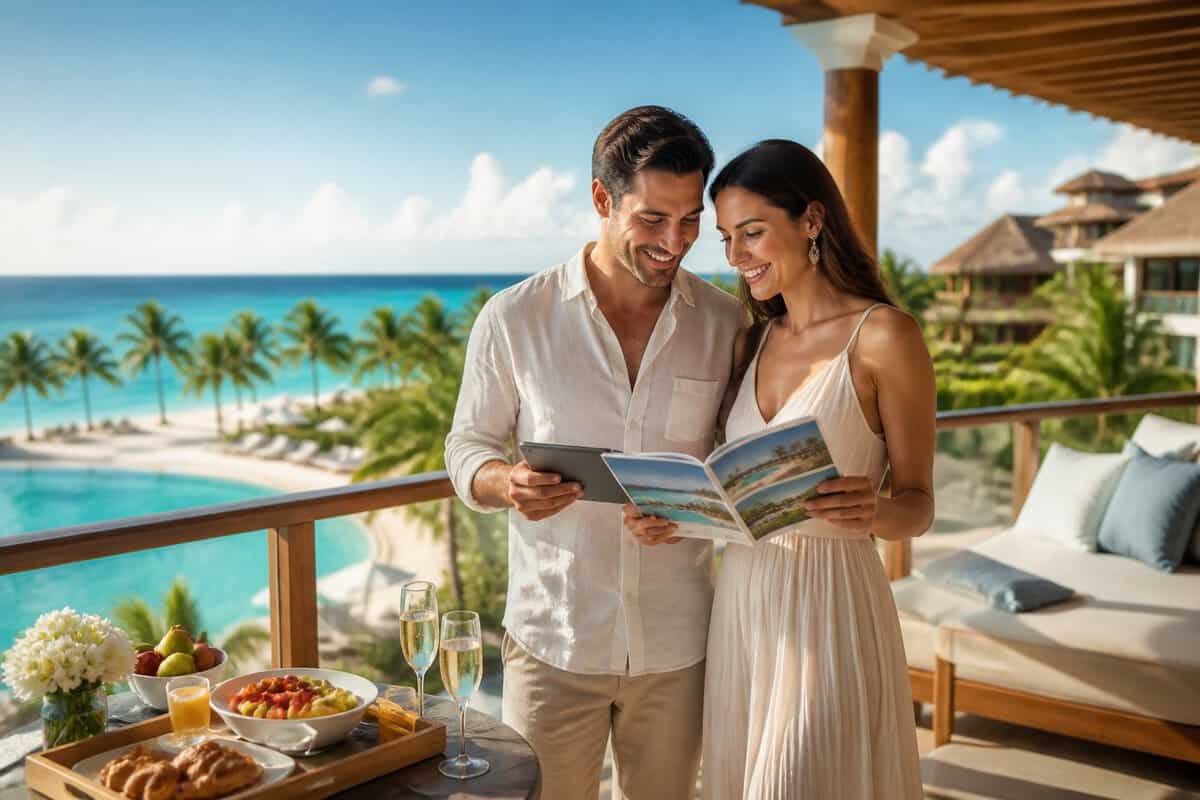 Newlywed couple comparing honeymoon resort options on a tropical balcony overlooking a beach.