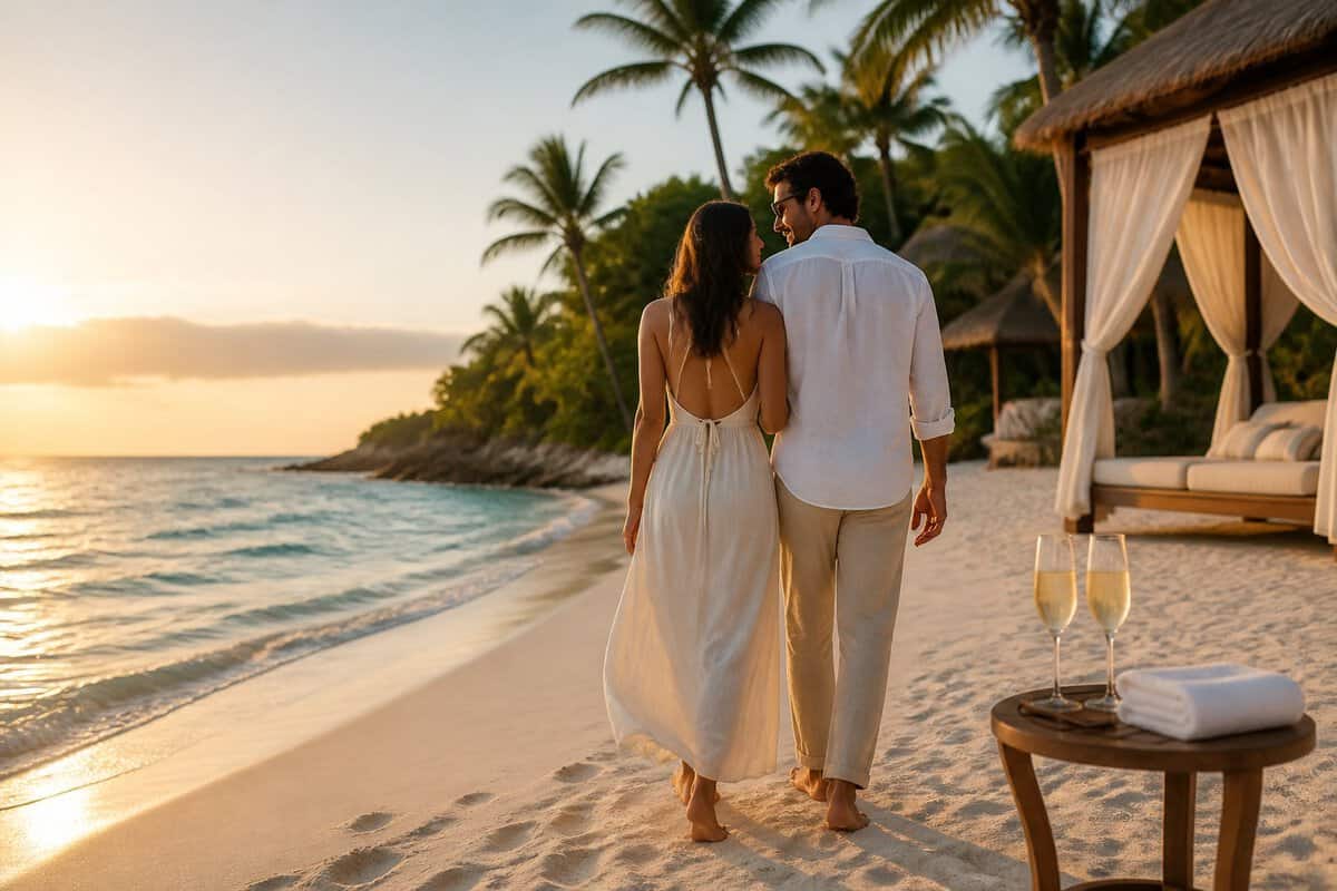 A couple walks along a tropical beach beside a luxury resort with champagne and a private cabana nearby.