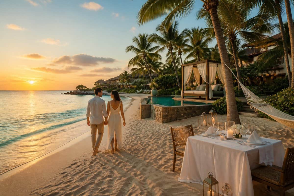 A couple walks along a tropical beach beside a luxurious all-inclusive resort at sunset.