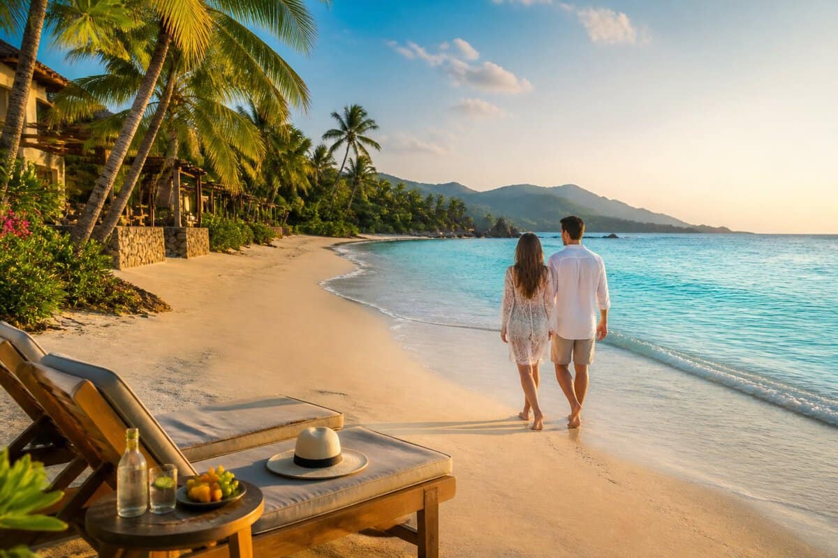 A honeymooning couple walks along a tropical Mexican beach beside a luxury resort at sunset.