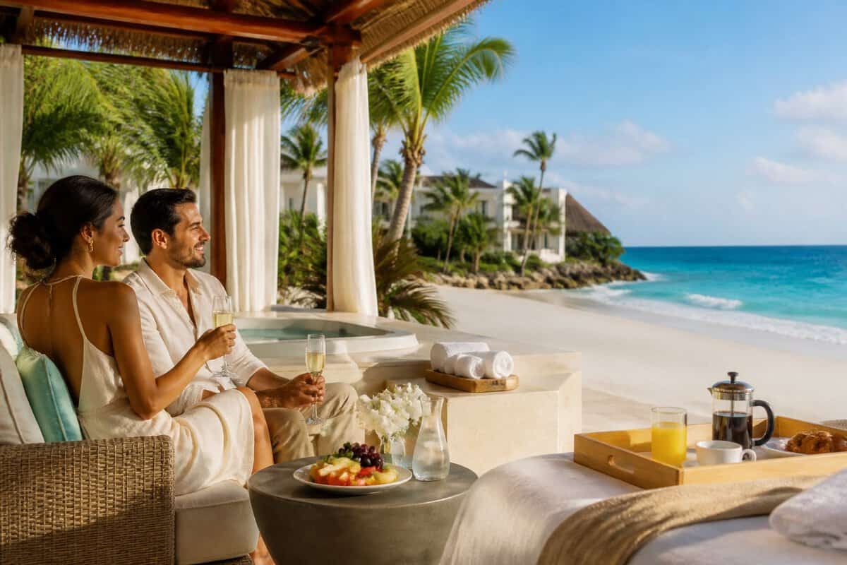 A newlywed couple relaxes at a luxurious Mexican beachfront resort with turquoise water, palm trees, and a breakfast tray.