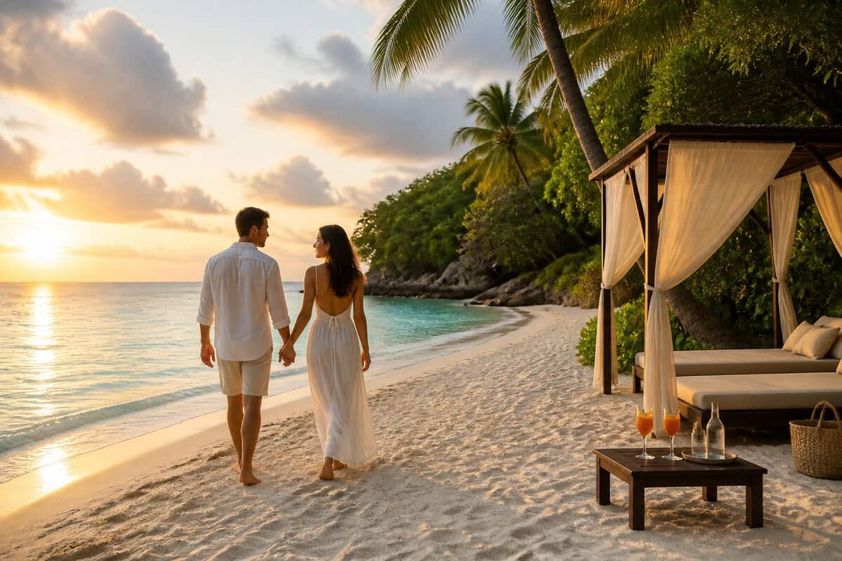A couple walks hand in hand along a tropical Caribbean beach near a luxury resort.