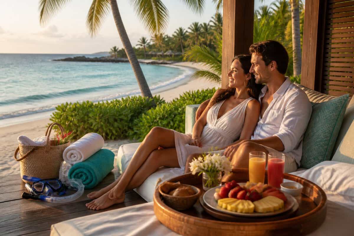 A newlywed couple relaxes on a tropical resort terrace overlooking turquoise Caribbean water.