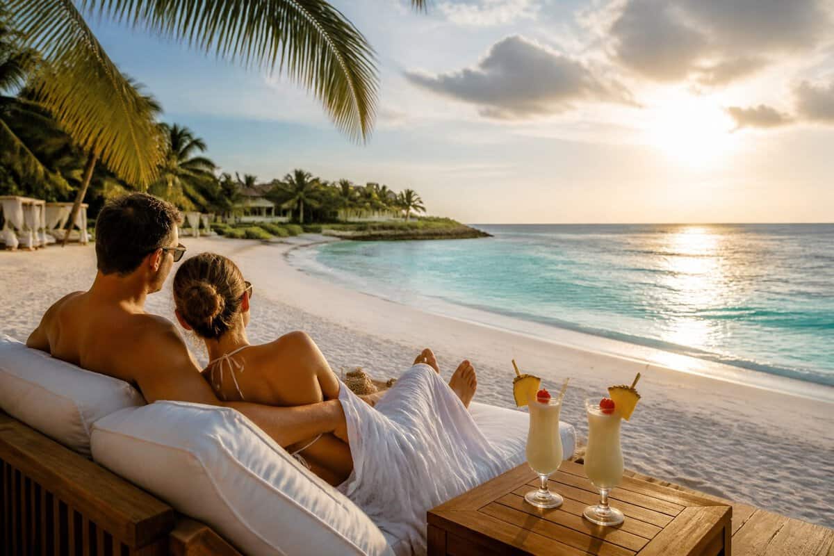 A newlywed couple relaxes on a white-sand Caribbean beach beside turquoise water at a luxury resort.