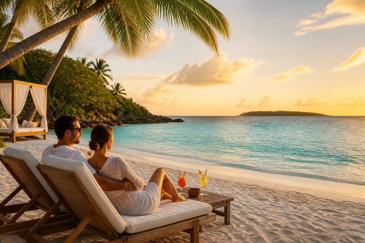 A couple relaxes together on a tropical Caribbean beach beside a turquoise lagoon.