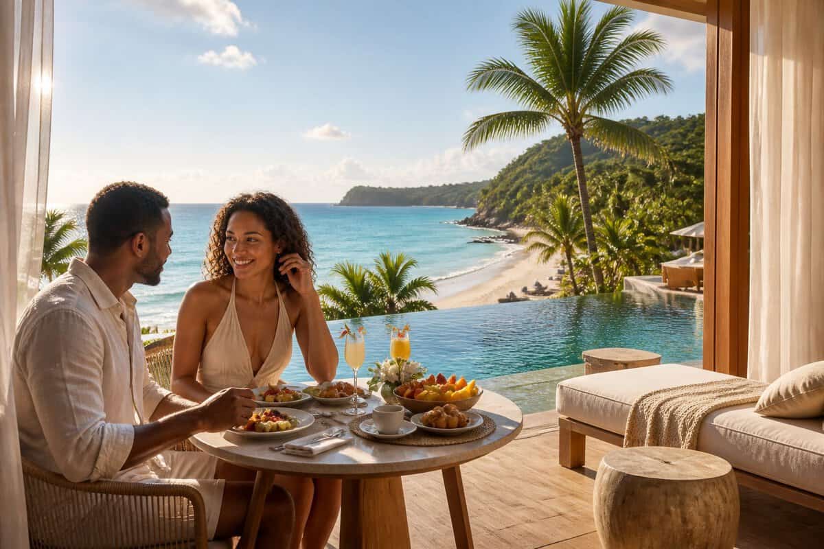 A newlywed couple enjoys breakfast on a private terrace overlooking a tropical Caribbean beach and turquoise sea.