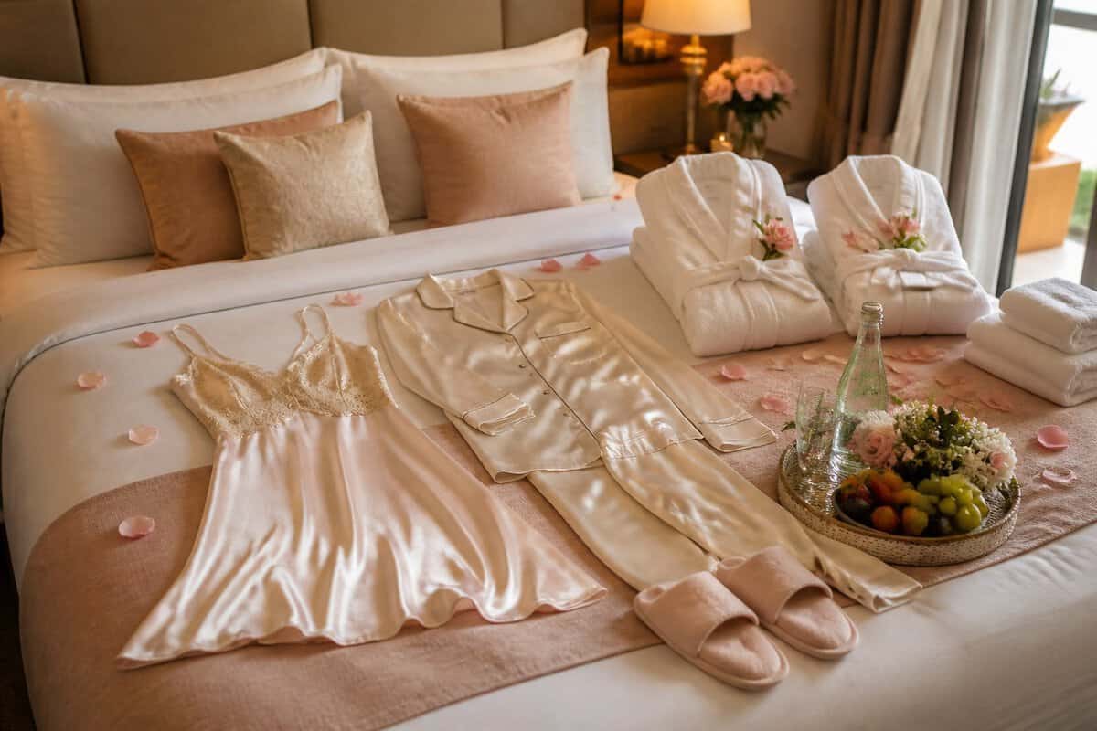 Coordinated honeymoon sleepwear arranged on a luxurious hotel bed with robes, flowers, fruit, and sparkling water.