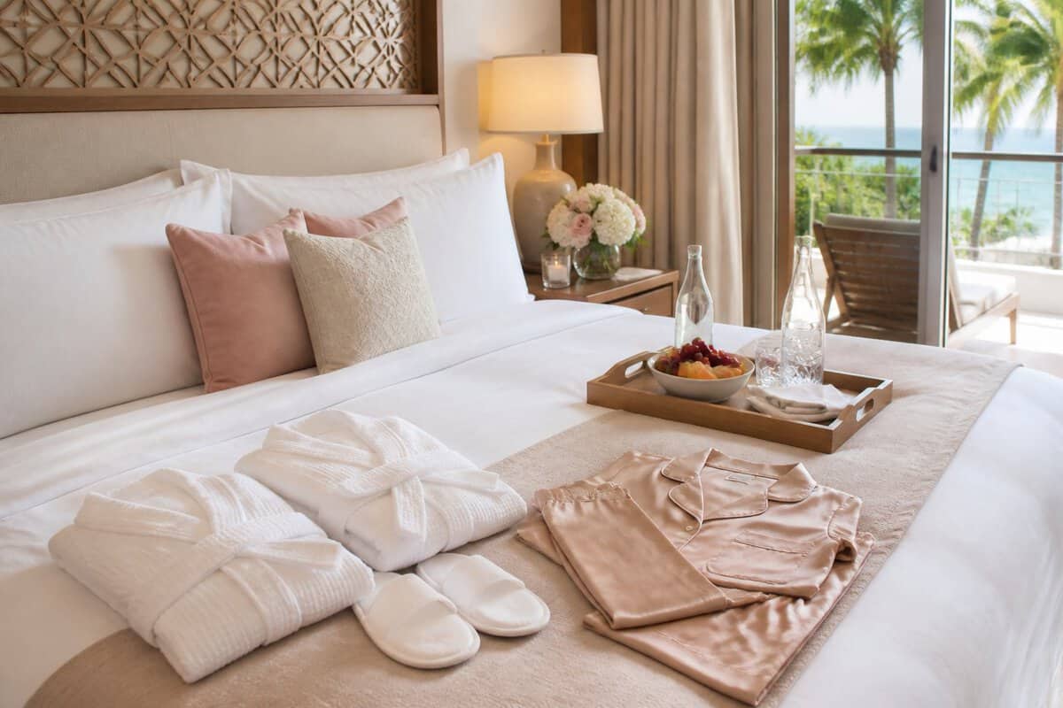 A luxurious resort bedroom with folded satin nightwear, robes, flowers, and a breakfast tray on a neatly made bed.