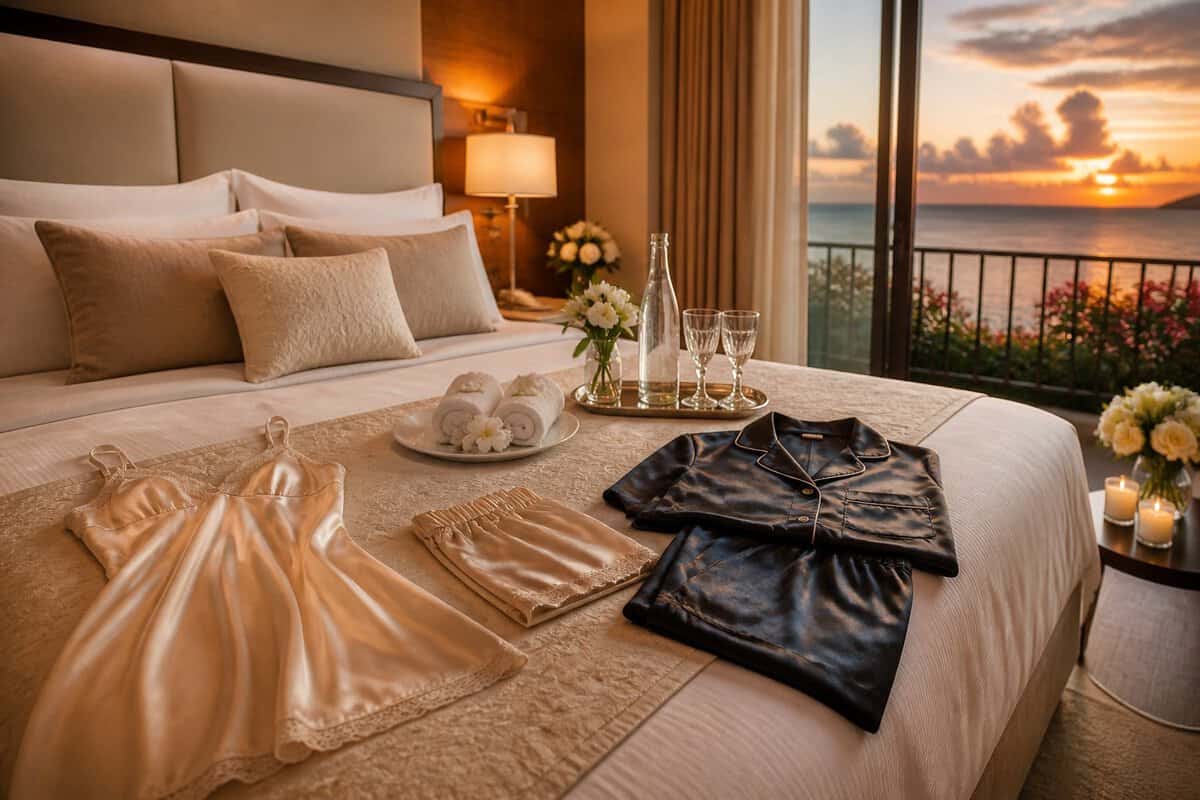 An elegant hotel suite with two honeymoon nightwear sets arranged on a bed and romantic evening details.