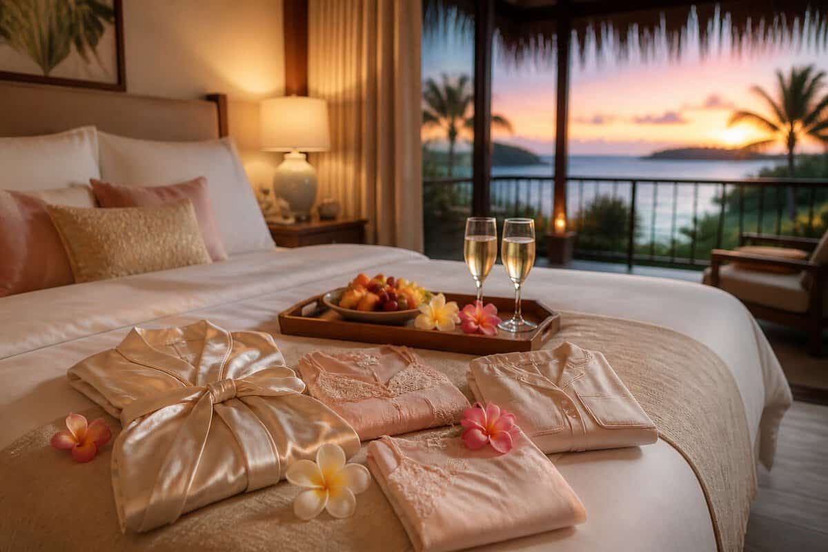 Luxury resort bedroom with honeymoon sleepwear, champagne, tropical flowers, and a sunset ocean view.