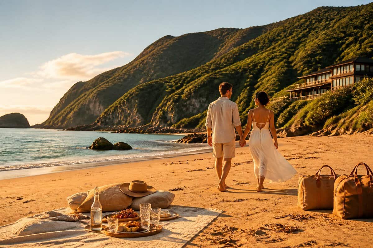 A newlywed couple walks hand in hand along a scenic New Zealand beach beside a luxury picnic.
