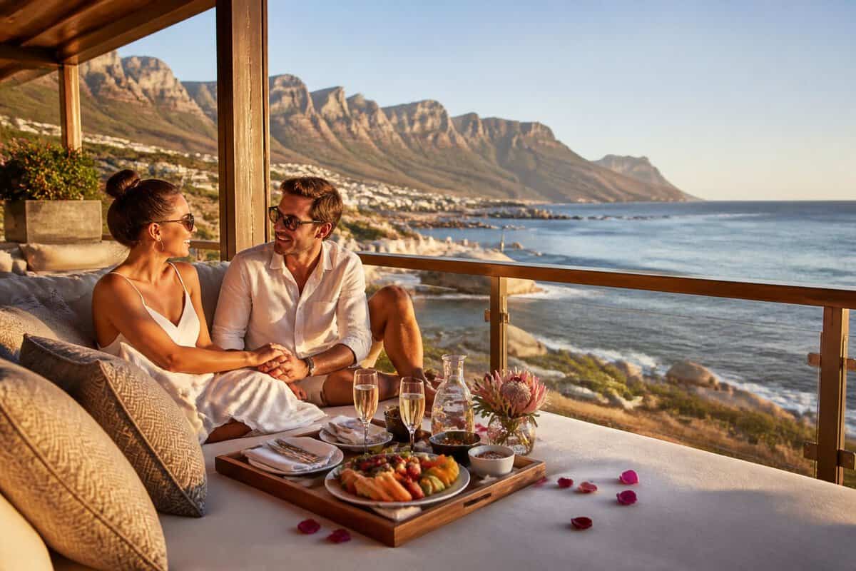 Newlywed couple relaxing on a luxury beachfront terrace overlooking the South African coast.