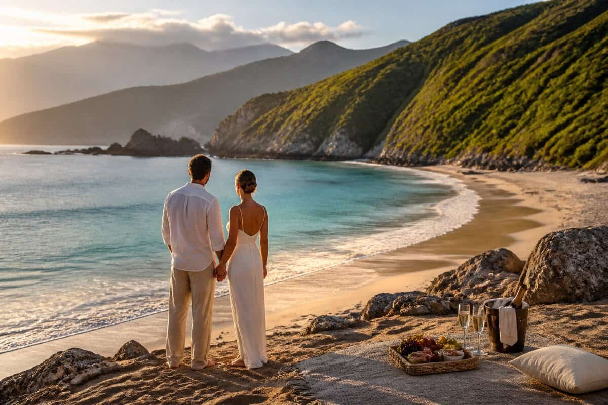 A newlywed couple holds hands on a secluded New Zealand beach surrounded by green hills and distant mountains.