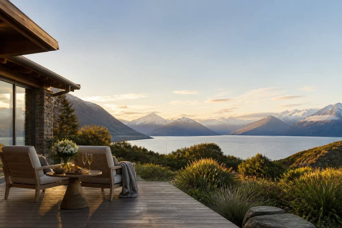 A secluded luxury lodge terrace overlooks a glacial lake and snow-capped mountains in New Zealand.