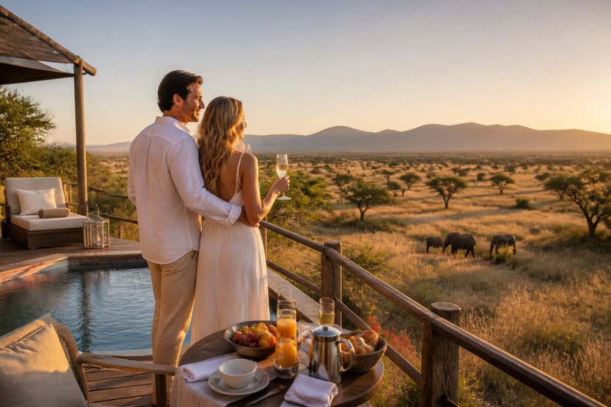 A newlywed couple enjoys a romantic safari lodge overlooking the South African savanna.