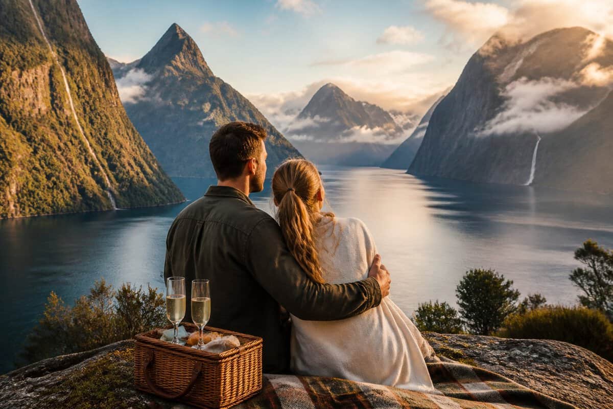 Newlywed couple enjoying a scenic view of a New Zealand fjord with mountains and waterfalls.