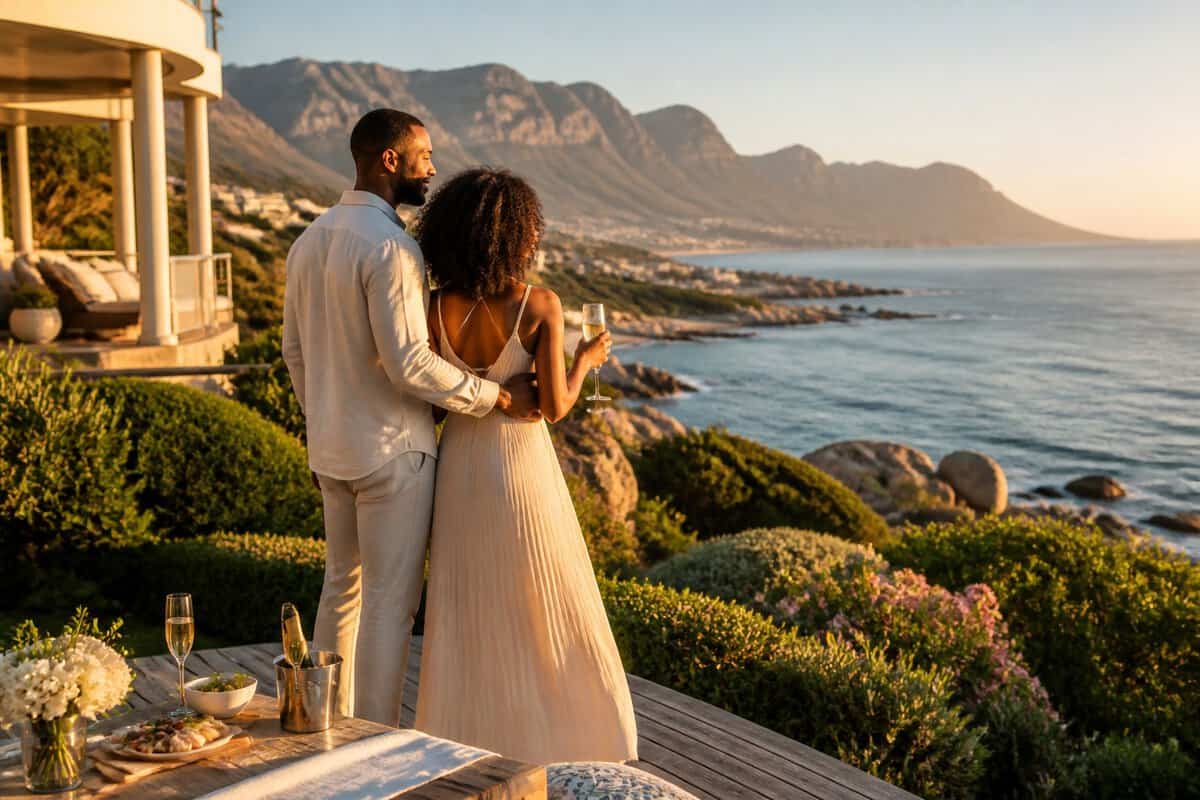 A newlywed couple enjoys a scenic coastal overlook in South Africa at sunset.