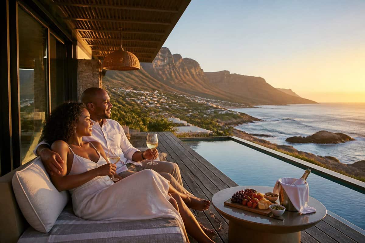 Newlywed couple relaxing on a luxury lodge terrace overlooking a South African coastal landscape.