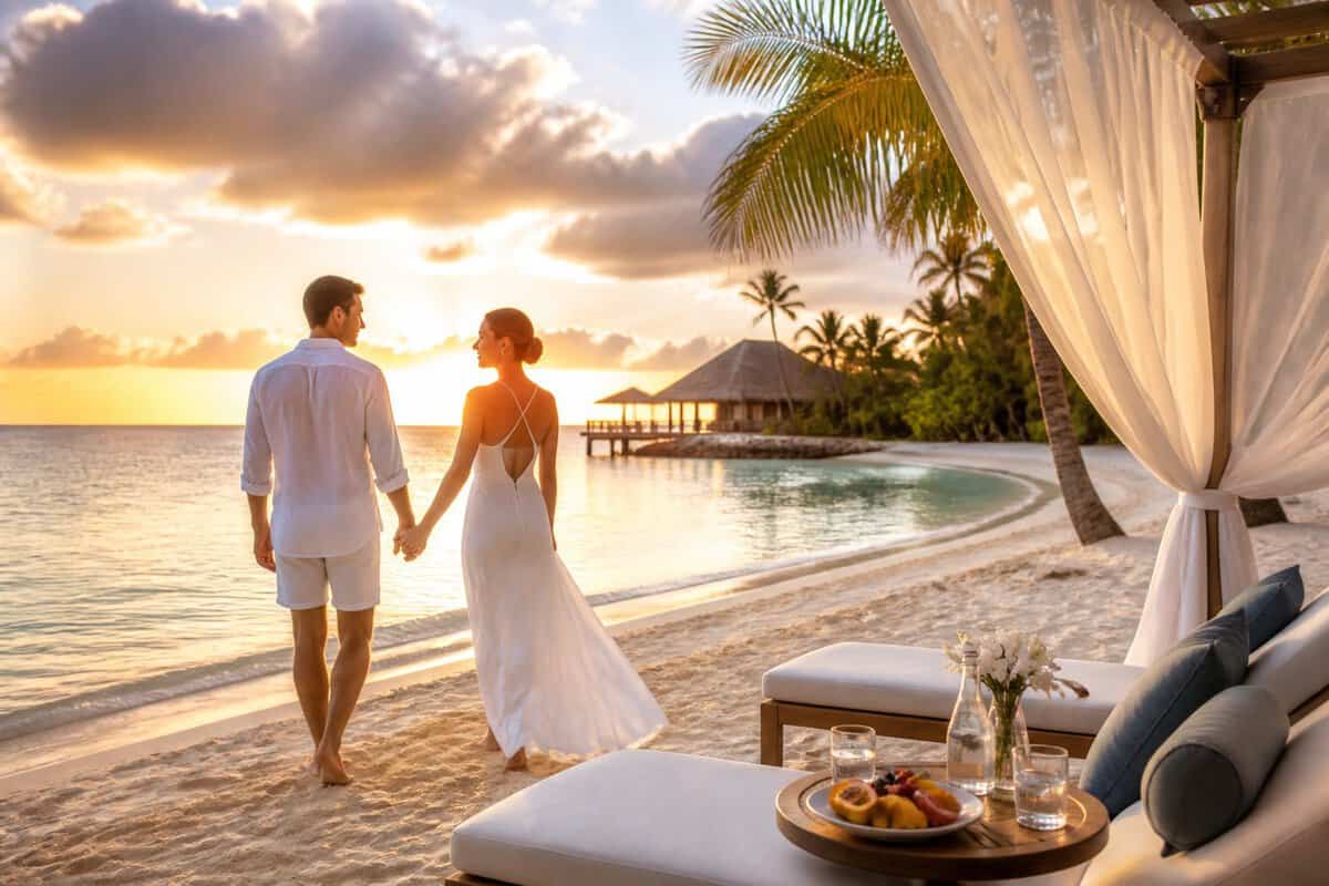A newlywed couple walks hand in hand along a tropical beach beside a luxury resort at sunset.