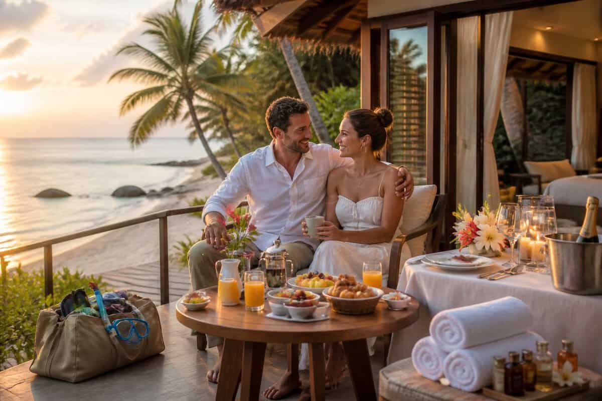 Newlywed couple relaxing at a luxurious tropical resort with meals, drinks, spa items, and beach activities nearby.