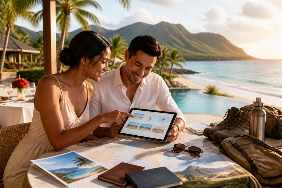 A newlywed couple plans their honeymoon at a tropical resort while comparing relaxing beach and adventurous travel options.