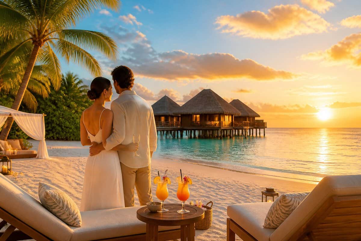 Newlywed couple overlooking a tropical beach and luxury overwater bungalow at sunset.