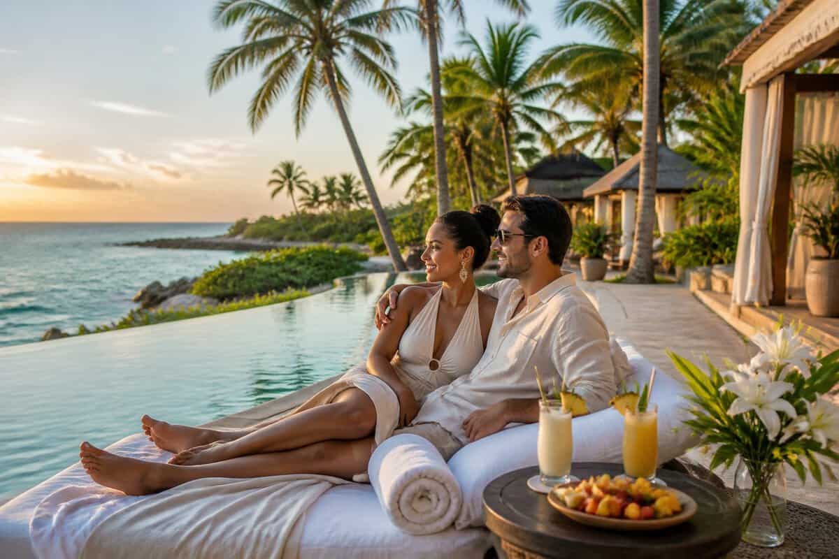 A newlywed couple relaxes beside an infinity pool at a luxurious tropical beachfront resort.