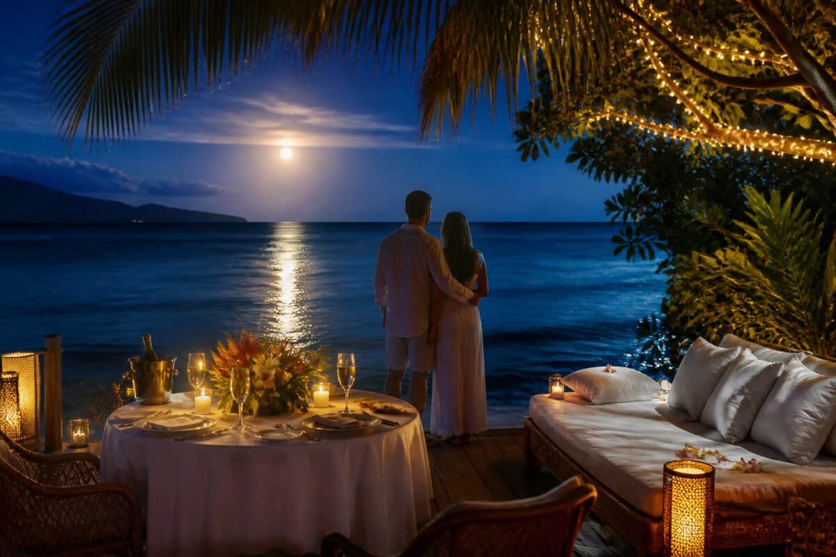 Newlywed couple enjoying a candlelit dinner on a tropical resort terrace overlooking the ocean at night.
