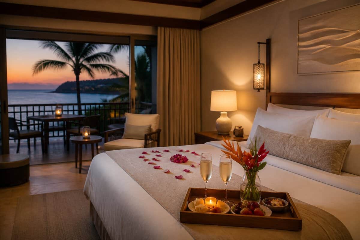 A luxurious honeymoon suite with a prepared bed, tropical flowers, refreshments, and a balcony overlooking the coast at dusk.