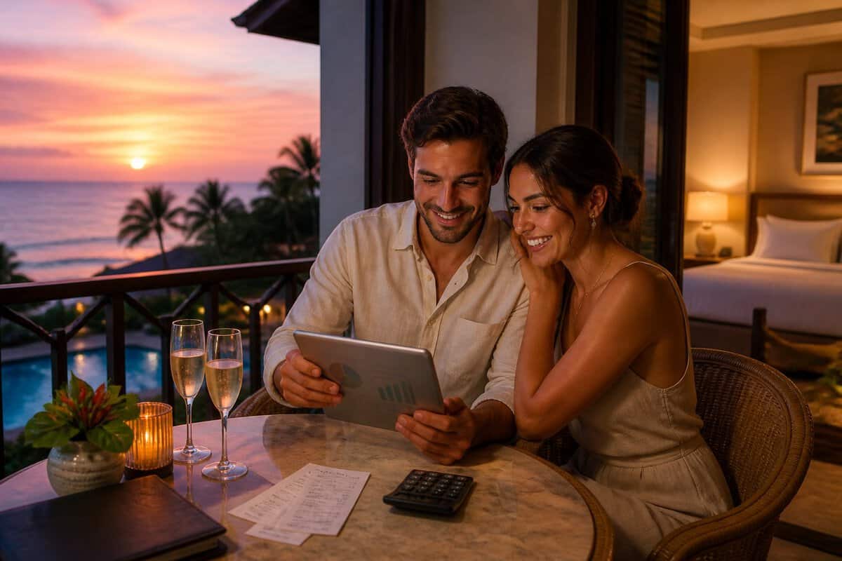 A newlywed couple reviews their honeymoon budget together on a tropical resort balcony at sunset.