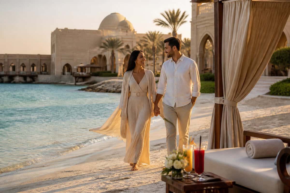 A newlywed couple walks hand in hand along a luxurious beach resort in Qatar at sunset.