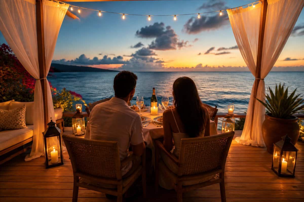 A newlywed couple enjoys a candlelit dinner on a private beachfront terrace overlooking the ocean at sunset.