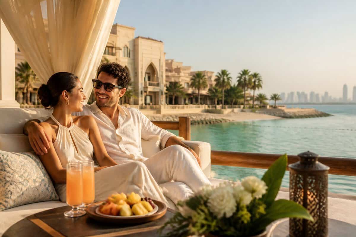 A newlywed couple relaxes together on a luxurious Qatari resort terrace overlooking the sea.