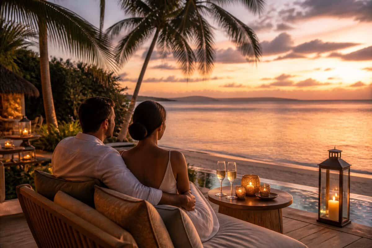 A newlywed couple enjoys a candlelit evening on a tropical resort terrace overlooking the sunset ocean.