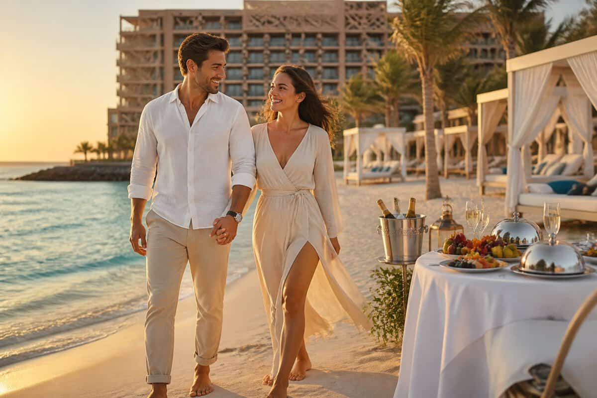 Newlywed couple walking hand in hand on a luxurious Qatar beach beside an all-inclusive resort.