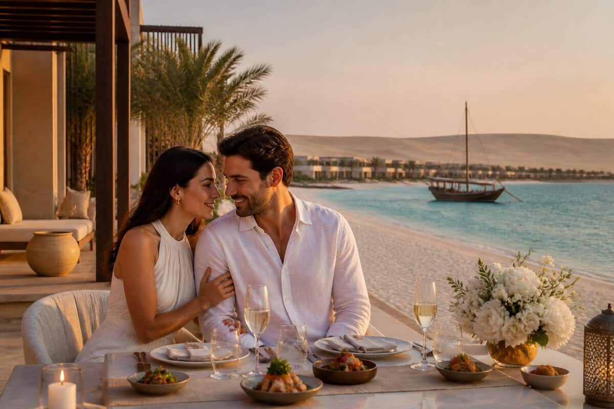 Newlywed couple enjoying a romantic beachfront dining experience at a luxury resort in Qatar.