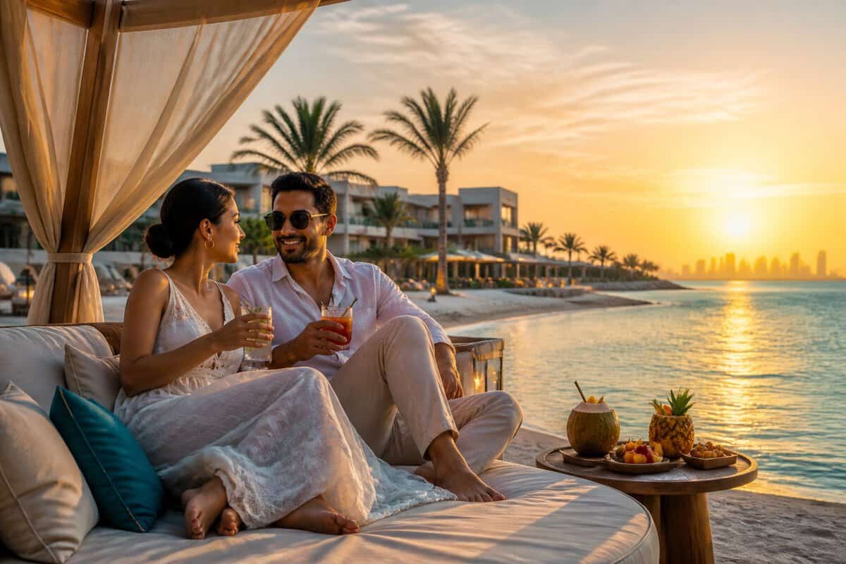 A newlywed couple relaxes at a luxury beachfront resort in Qatar during a golden sunset.