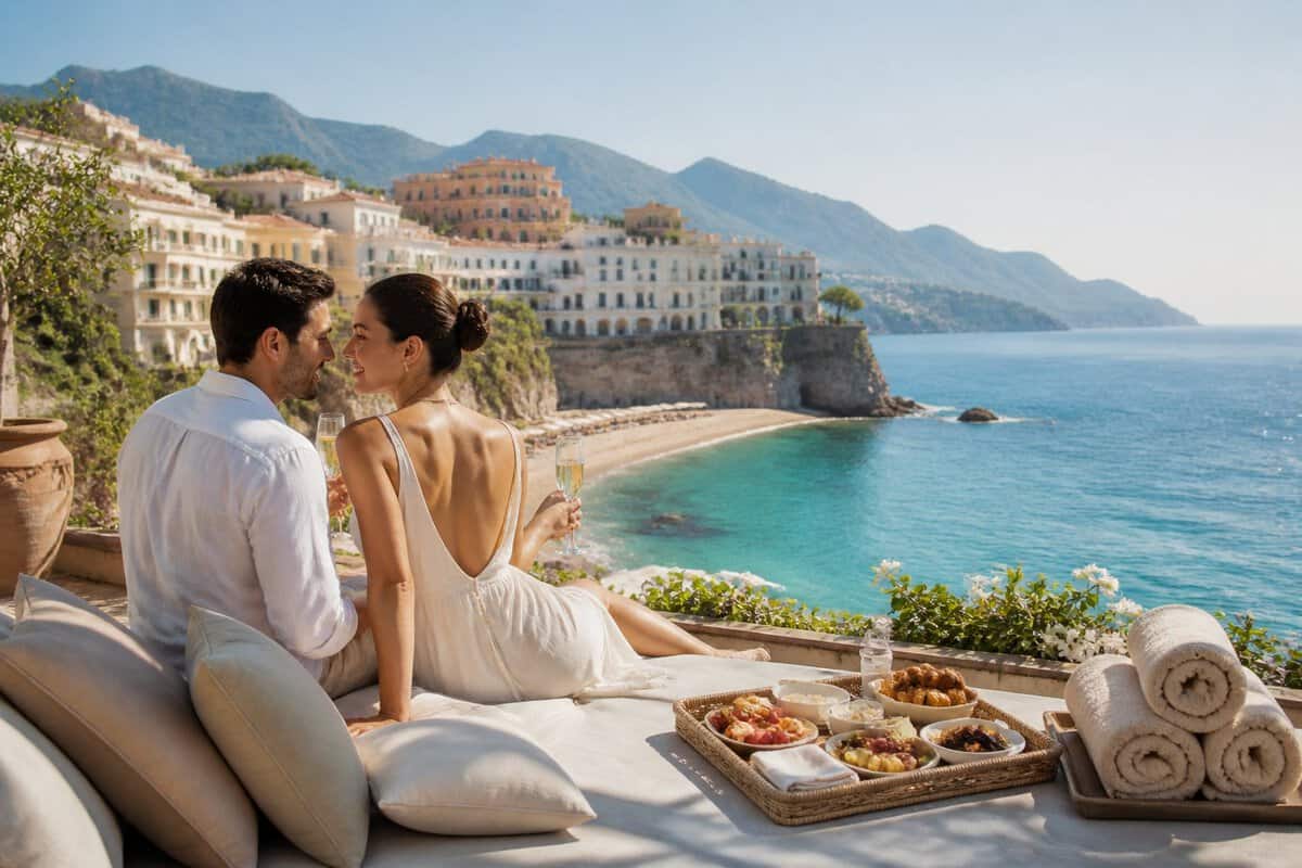 A newlywed couple enjoys champagne and breakfast on a sunny resort terrace overlooking the Mediterranean Sea.