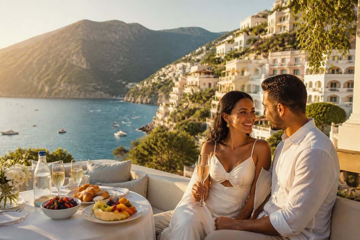 Newlywed couple enjoying breakfast on a terrace overlooking a sunny Mediterranean village and bay.