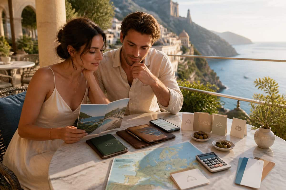 Newlywed couple comparing honeymoon travel options at a European seaside café.
