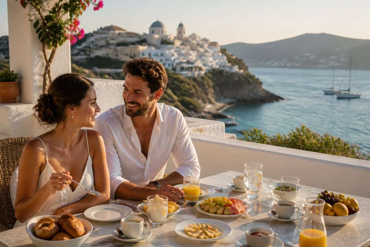 A newlywed couple enjoys breakfast on a Mediterranean resort terrace overlooking turquoise water.