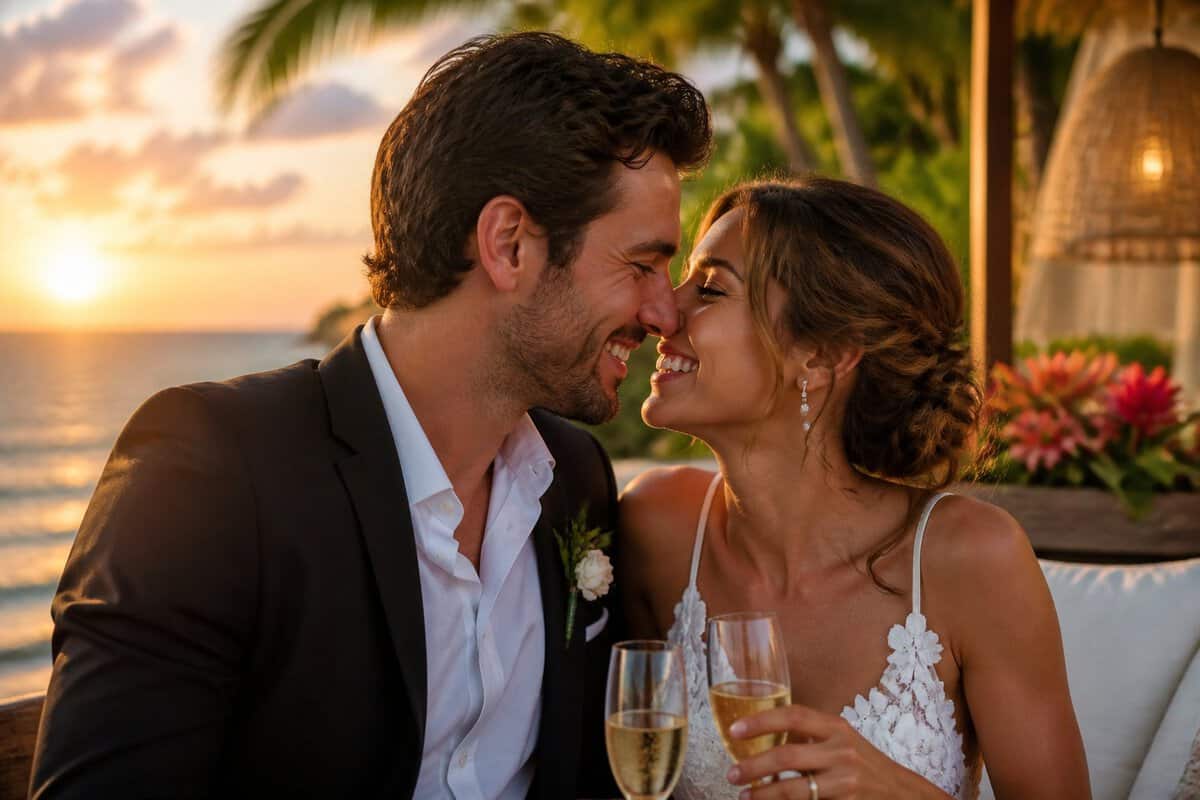 Newlywed couple touching noses and smiling at a tropical all-inclusive resort.