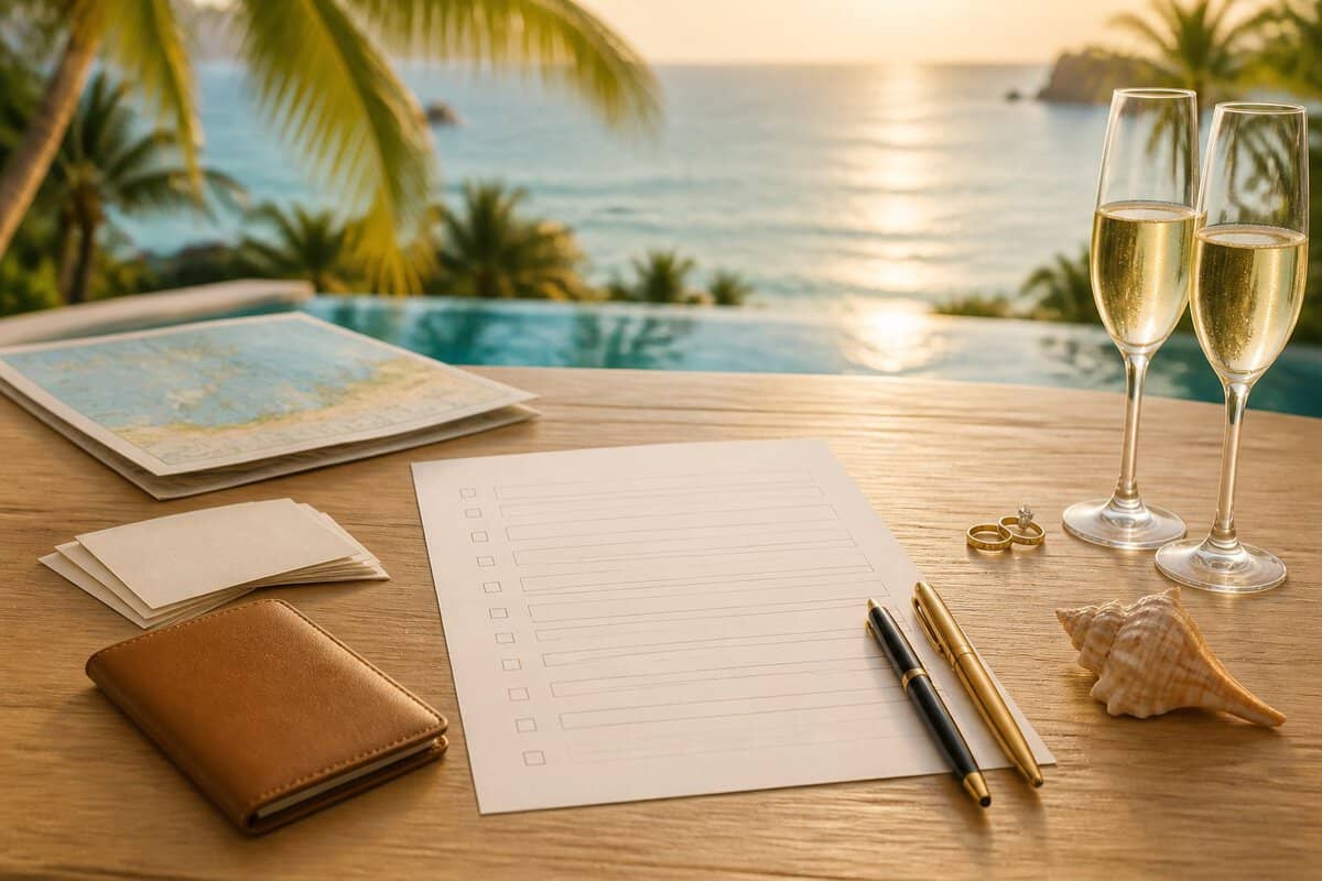 A blank honeymoon planning form with pens and romantic travel accessories on a table overlooking a tropical resort.